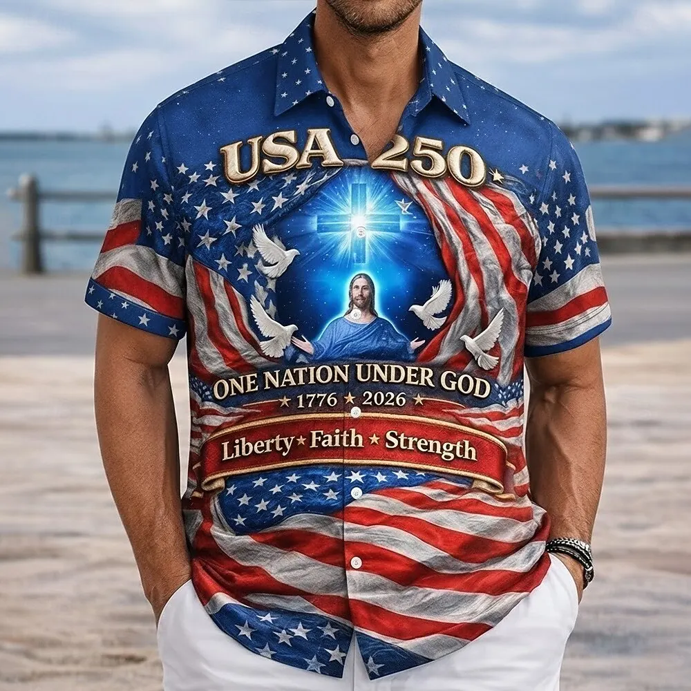 Men's Jesus US Flag America's 250th Anniversary Shirt Button Up Shirt Short Sleeve Patriotic Outdoor Holiday Summer Spring