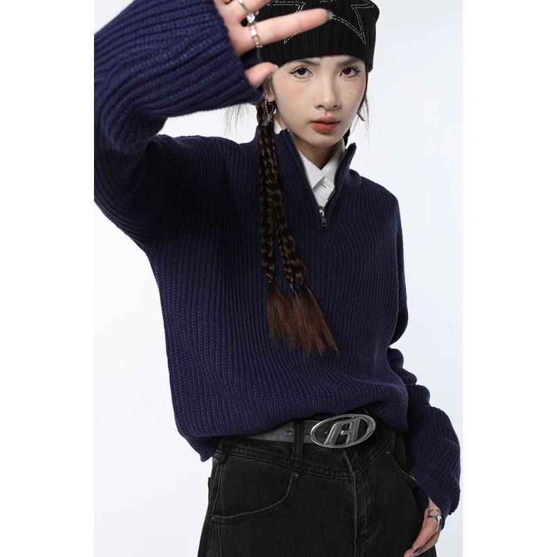 Women Navy Blue Sweater Fashion Vintage Leisure Lazy Wind Loose Winter Female Thicken Warm Long Sleeve Knitting Pullover