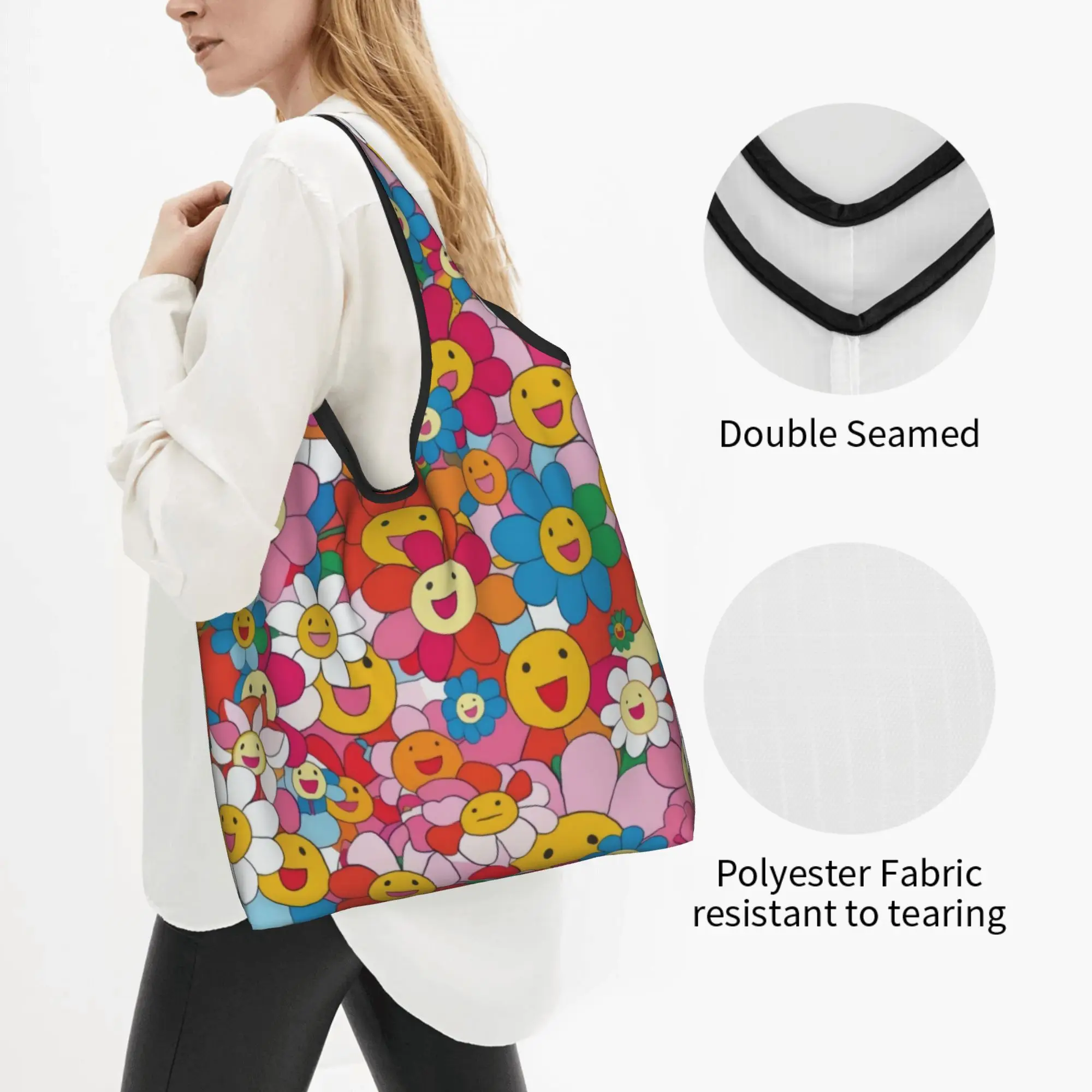 Large Happy Face Daisies   Grocery Shopping Bag Cute Shopper Shoulder Tote Bags Large Capacity  Rainbow Flower Parade  Handbag