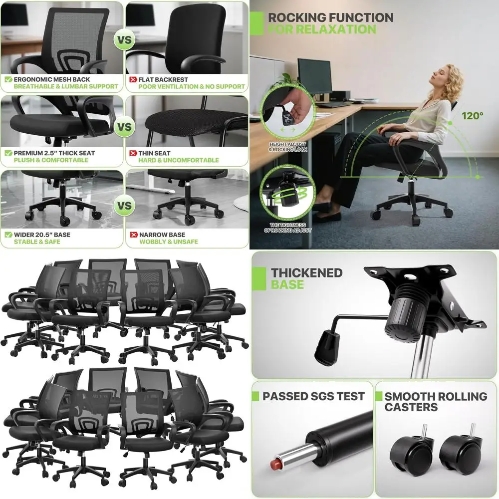 

Эргономичное офисное кресло с сетчатой спинкой, регулируемое поворотное кресло для рабочего стола с поясничной опорой для игр, работы, учебы, грузоподъемность 300 фунтов, черный цвет.