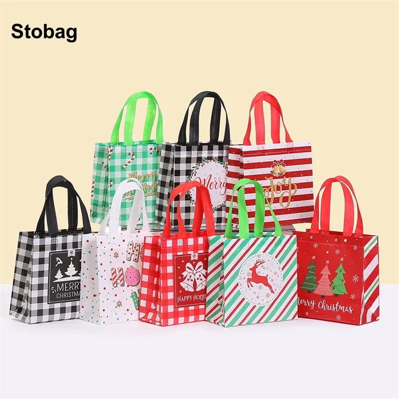 

StoBag 8/20pcs Merry Christmas Non-woven Gift Tote Bag Kids Fabric Packaging Handbag Waterproof Storage Reusable Pouch Party
