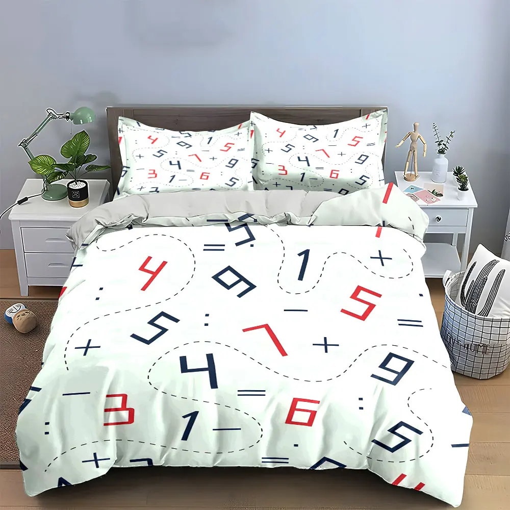 Kids Math Number Symbol Bedding Set,Educational Red Blue Digit Geometric Line Print Duvet Cover Set For Nursery Room Decor,Gift