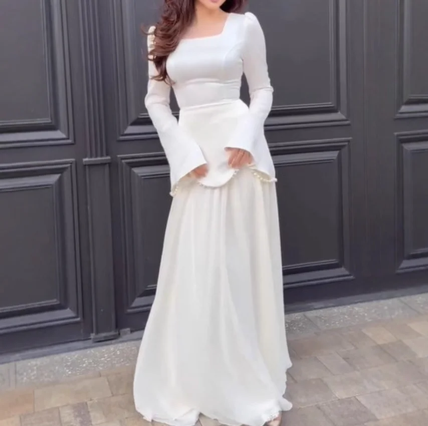 

Womens Dresses 2025 New Spring Solid Color Square Collar Long Sleeved Elegant Pearl Decoration Patchwork Slim Fit Long Dress