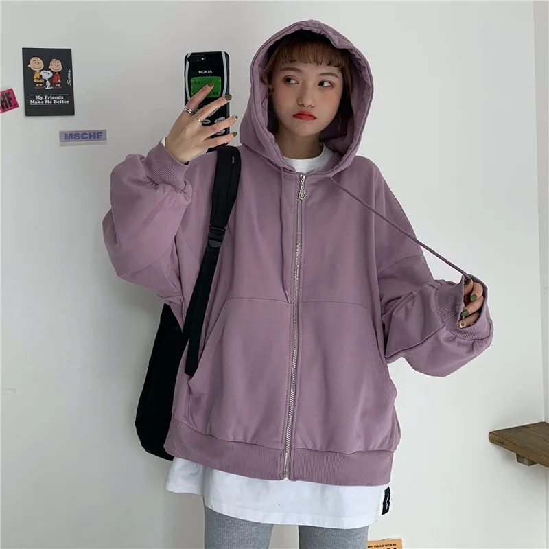 Women Harajuku Zip Up Hoodie Vintage Long Sleeve Oversized Solid Color Hoodies Autumn Korean Style Pocket Drawstring Sweatshirt