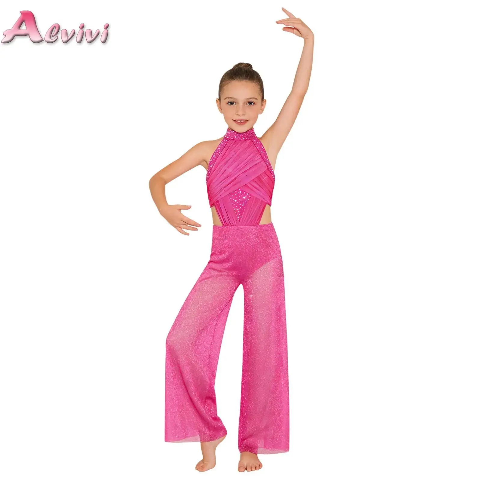 Kids Girls Shimmery Wide-Leg Dance Jumpsuit Halter Sleeveless Ruched Mesh Back Cutout Rhinestones Bodysuit with Built-in Briefs
