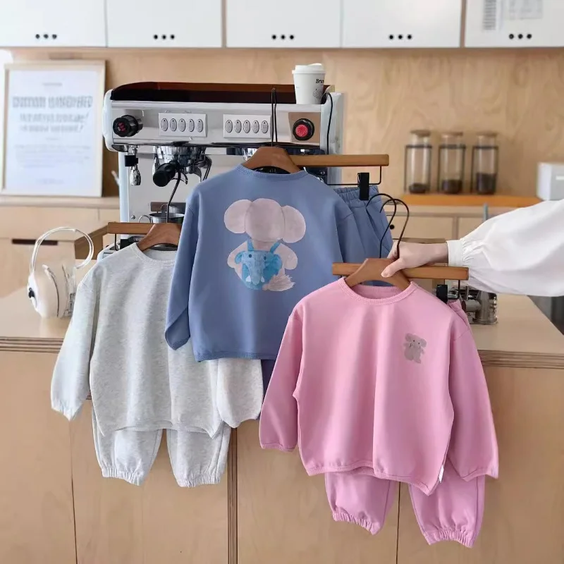 Children's Sweater2024Autumn New Cute Elephant round Neck Loose Sweatshirt+Two-Piece TrousersG0378