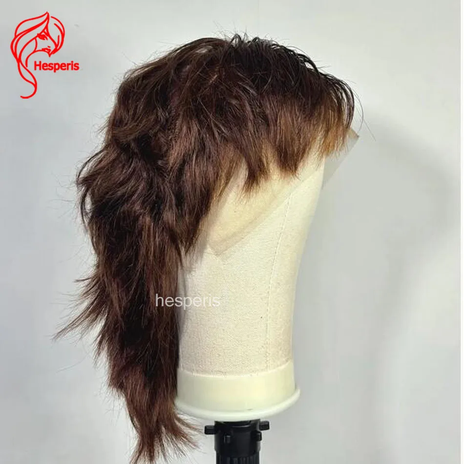 Hesperis Men Dark Brown Shag Wig 100% Remy Human Hair 00s Grunge Mullet Cut Layered Male Wig Lace Frontal Wigs for Boys