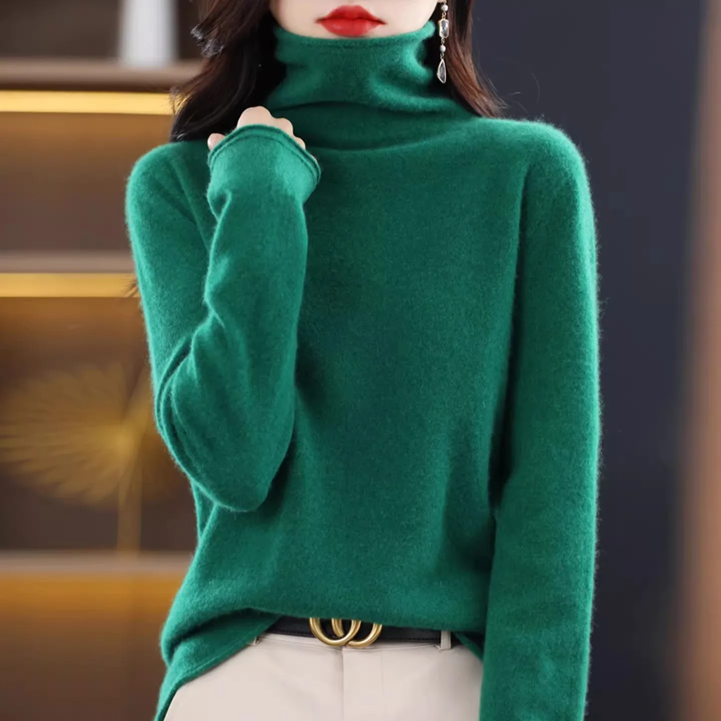 

100% Merino Wool Turtleneck Pullover Knitwear Women's New Autumn And Winter Warm Sweater Women's Solid Color Pile Neck Sweater