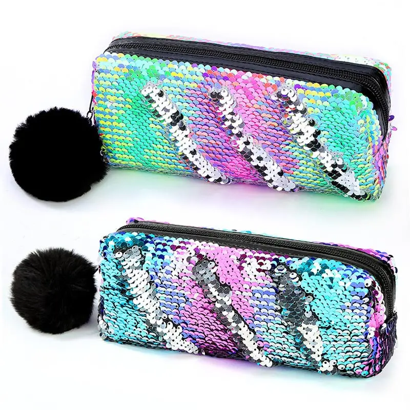 

Fashion Zipper Reversible Glitter Sequin Pencil Case School Hairball Stationery Pen Box Cosmetic Makeup Storage Bag Organizer