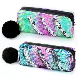 Estuche de lápices de lentejuelas brillantes Reversible con cremallera, caja de lápices de papelería escolar con bolas de pelo, bolsa de almacenamiento de maquillaje cosmético, Organizador