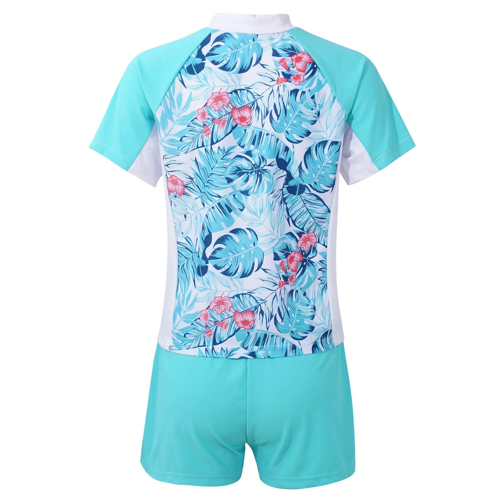 Kids Girls 2 Piece Rash Guard Set Swimwear Floral Print Short Sleeve Swim Shirt with Booty Shorts Tankini Swimsuit Bathing Suit