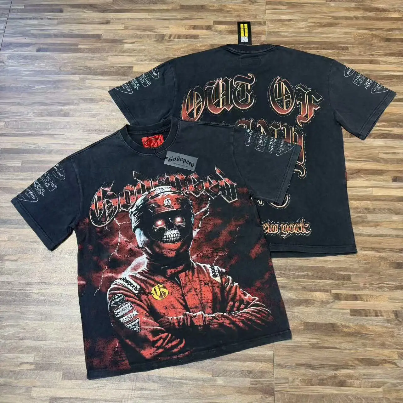 Godspeed American Motorcycle Skull Man Ins Style Washed Vintage Heavyweight Pure Cotton Short Sleeve T-Shirt Streetwear