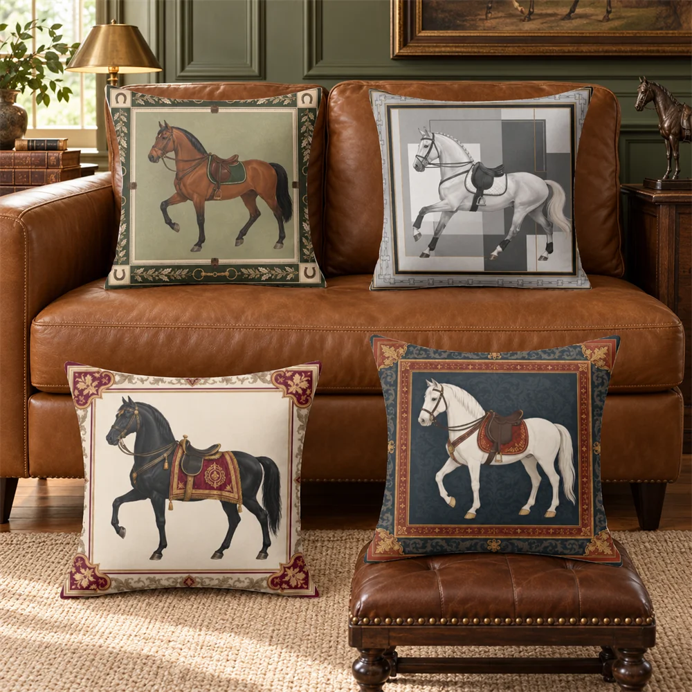 Horse Equestrian Art Print Cushion Cover Soft Short Plush Pillow Cases Hidden Zipper Cutecore Sofa Bedroom Home Decor Gift