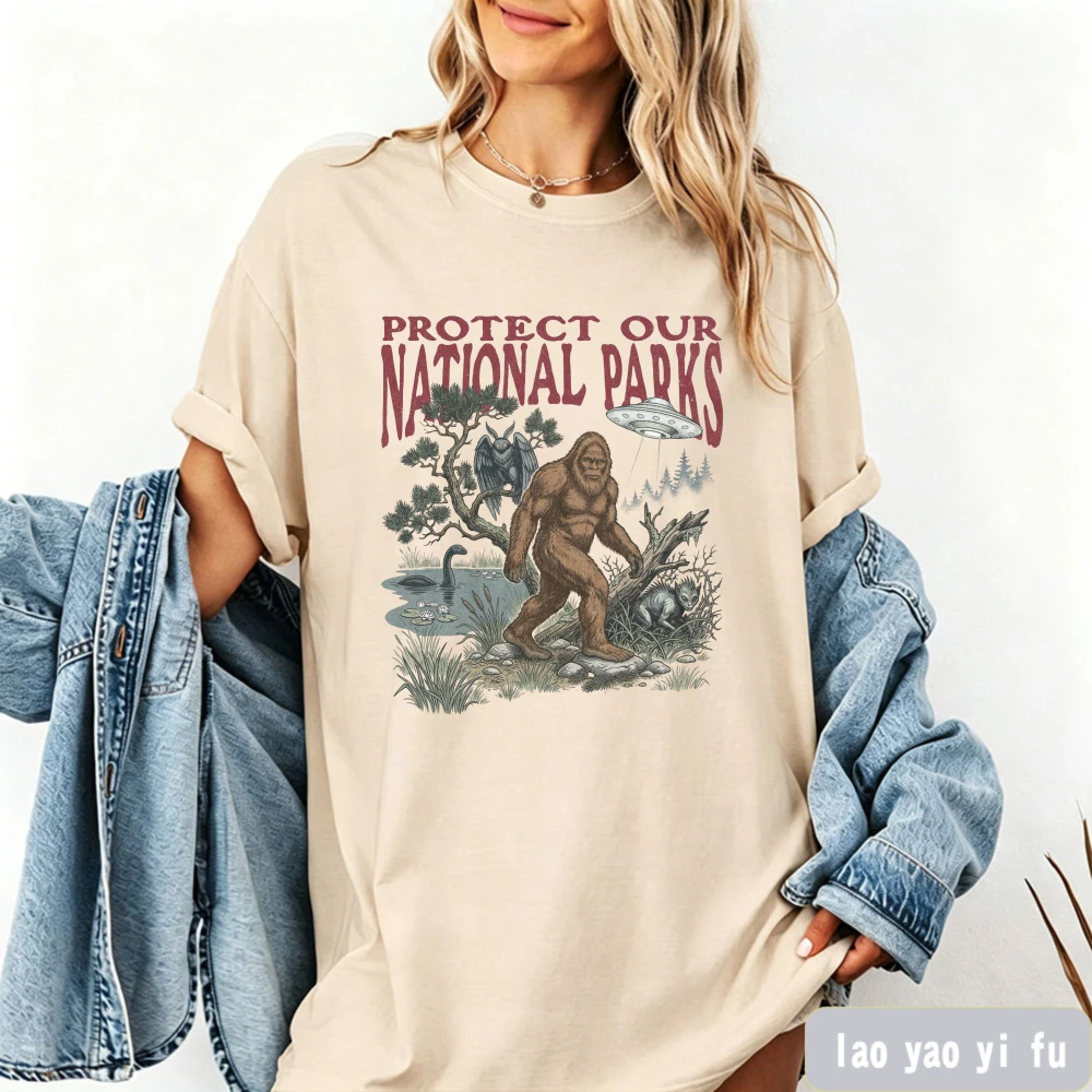 

Protect National Parks T-Shirt Men & Women's Unisex Graphic Tee Vintage Cryptid Wildlife Tops Bigfoot Aliens Chupacabra Nessie