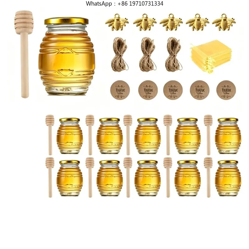 10PCS Hive‑Ribbed Mini Glass Honey Jar Kit 100ml Honey Container with Dipper Bee Pendant Wedding Gift Party Favors
