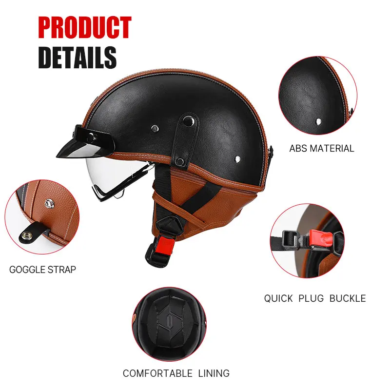 Leather Vintage Motorcycle Half Helmet with Photochromic Glasses DOT ECE Certified Safe Reliable Male and Female Casque Moto - Image 4