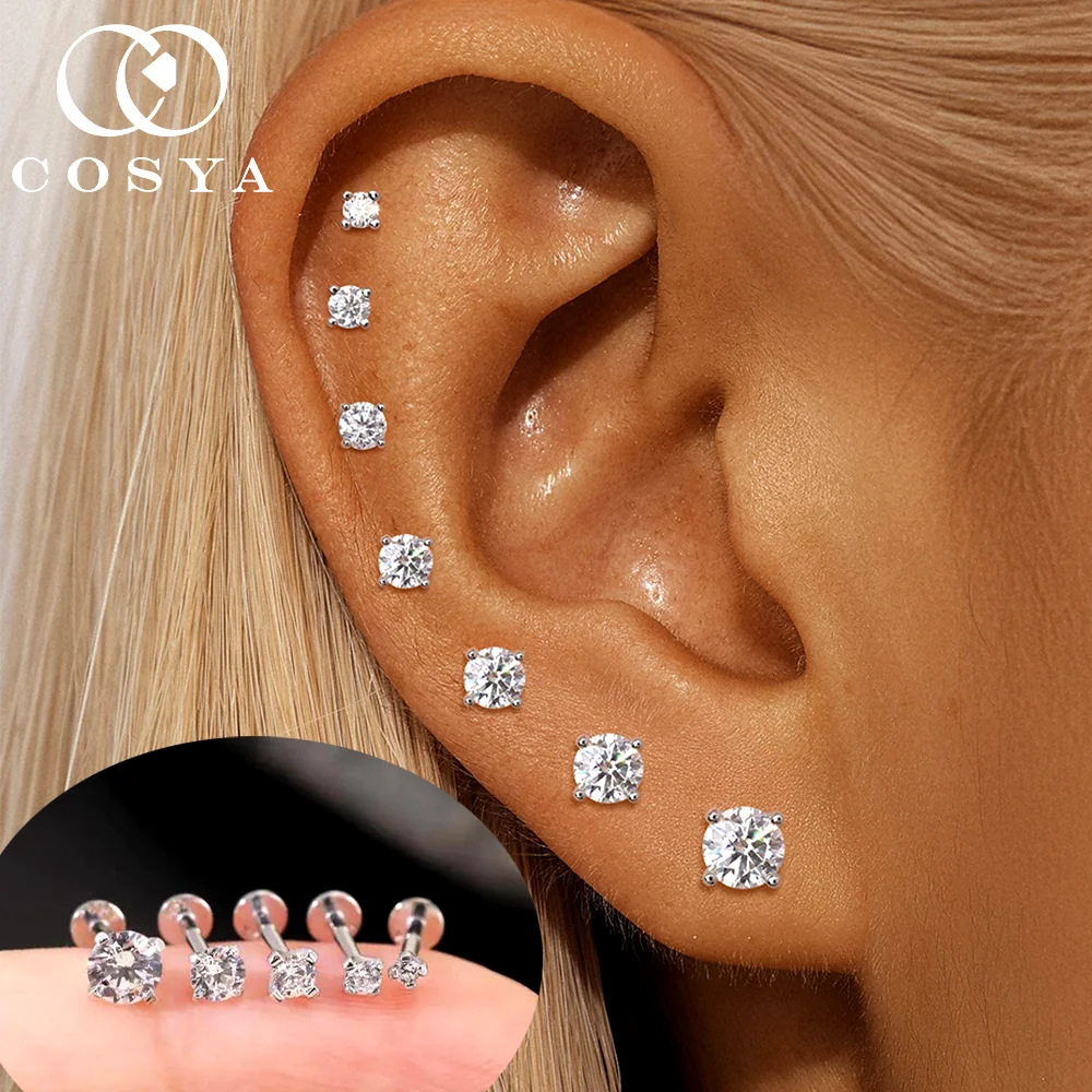 

COSYA 100% S925 Silver Moissanite Stud Earring for Women 2mm-7mm Screw Back Flat Head Piercing Stud Earrings Dainty Fine Jewelry
