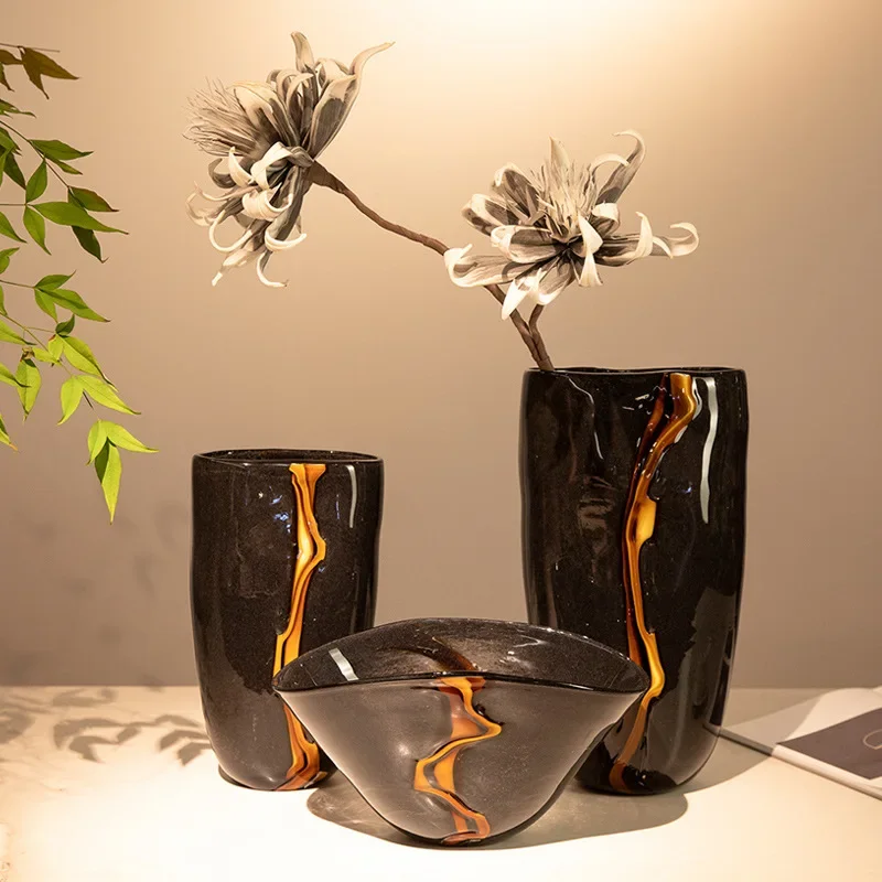 A1 Black Glass Vase Crack Water Ripple Flower Pot Floral Arrangement Accessories Flowerpot Terrarium Room Decoration Accessories