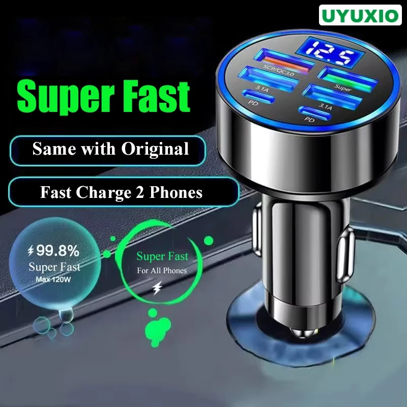 UYUXIO Adaptateur de chargeur de voiture USB C avec affichage de tension 6 en 1 Super rapide dans la voiture pour iPhone 16 15 Pro Max Samsung Android Phone