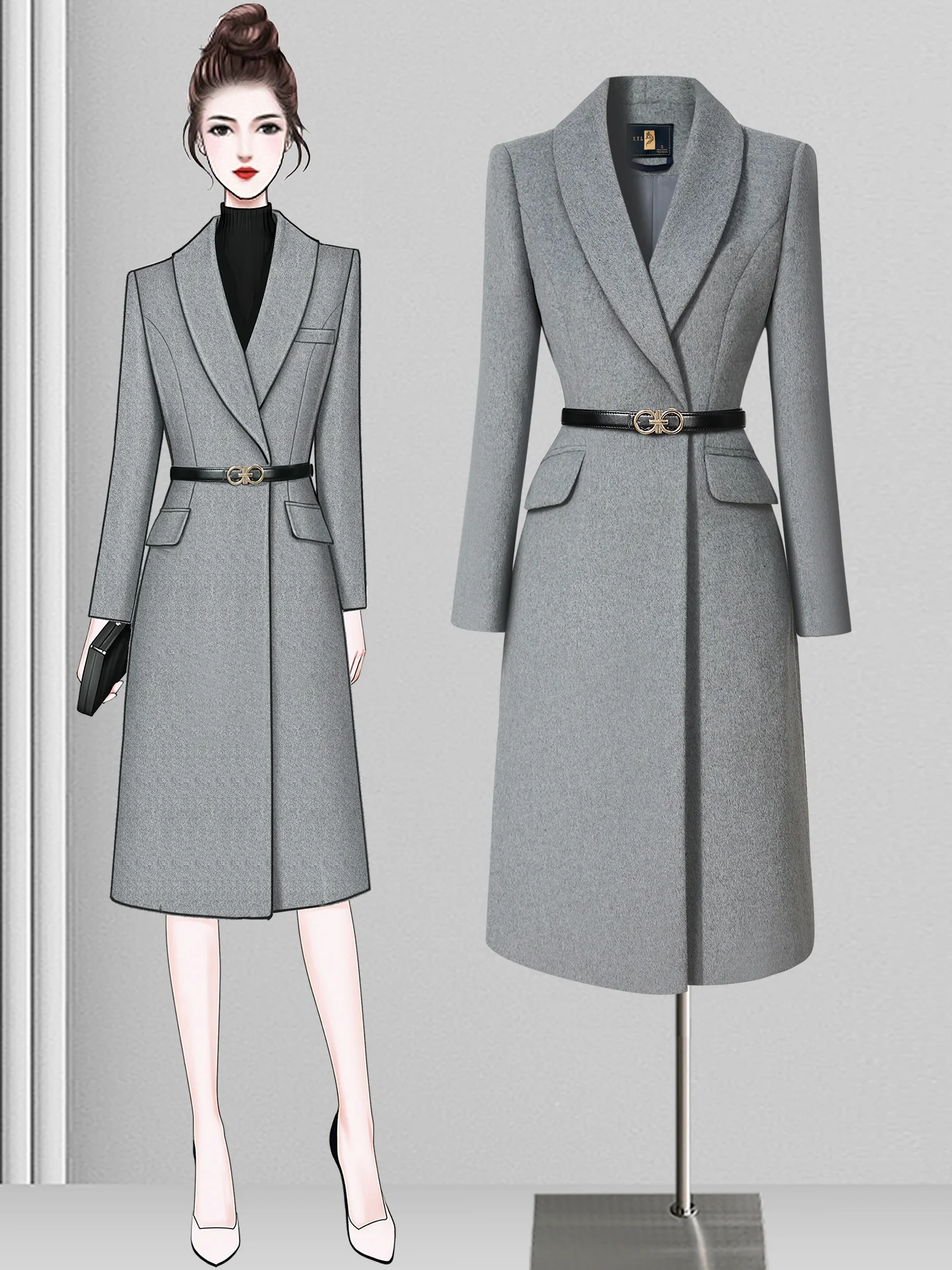 Women's Woolen Coat Long Sleeve Double Breasted mid Length Thickened Winter Outerwear Professional Jewelry Hotel Style