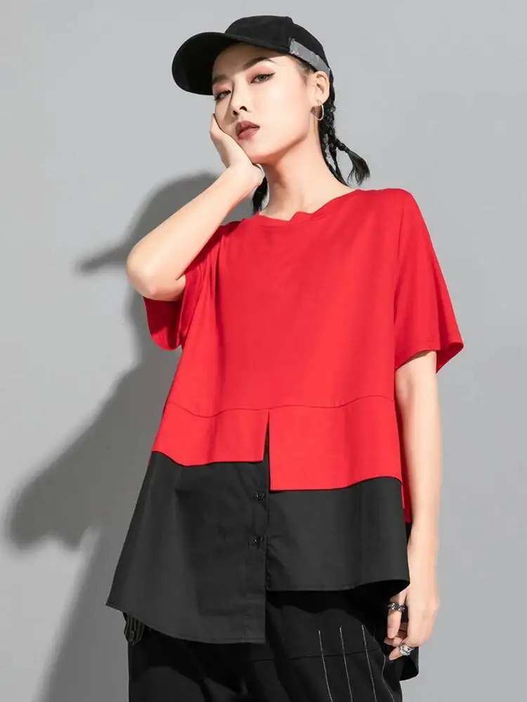 Color-block Women Red Irregular Big Size T-shirt New Round Neck Short Sleeve Fashion  Spring Summer 2026 FERL