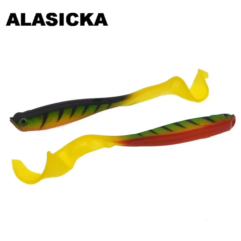 

ALASICKA 4pcs 12.5cm Belly Open Hollow Fish Soft Bait Fishing Lure Green Long Tails Leopard Artificial Lures Freshwater Seawater