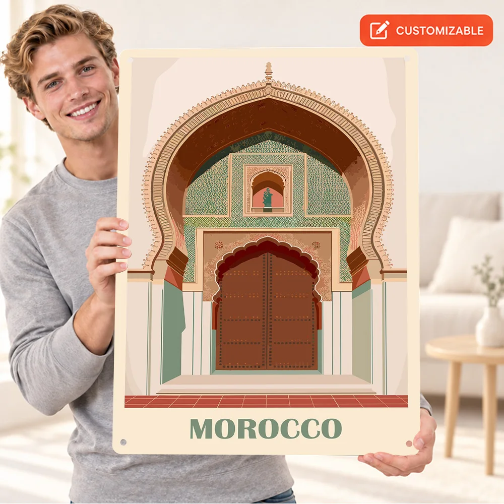 Morocco Architectural Illustration Textured Metal Poster Retro Bold Design Studio Wall Art Personalized Aluminum Sign Fan Gift