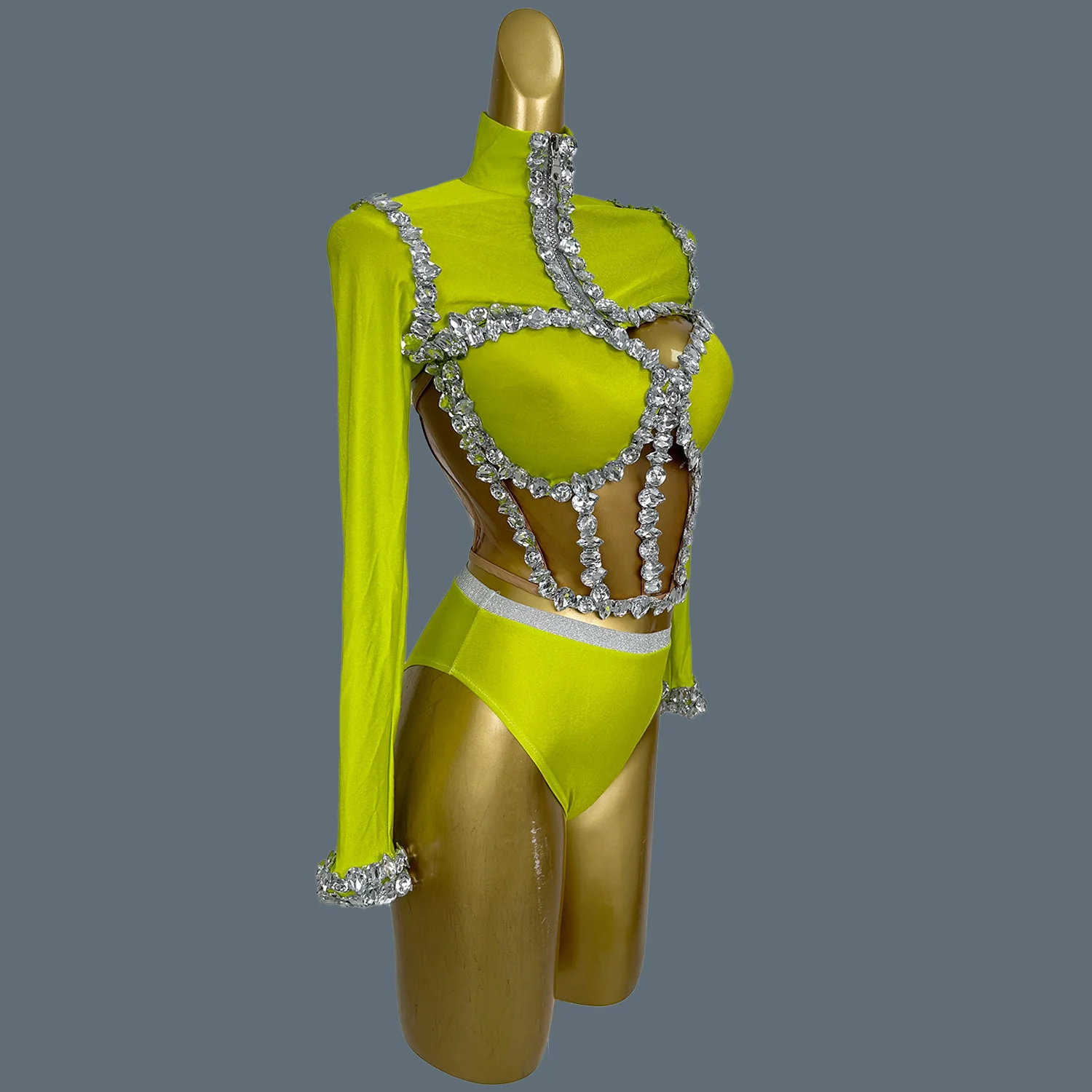 Sparkly Rhinestone Spandex Bodysuit for Women Nightclub Party Bodycon Crop Tops Briefs 3Pieces Set Dance Show Stage Wear jianmei