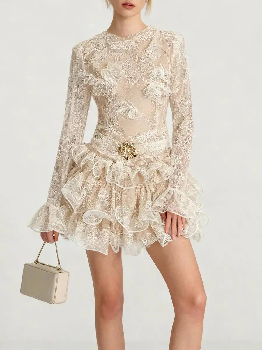 QMQA فساتين نسائية أنيقة شفافة مكشكشة قابلة للطي فساتين صغيرة رقبة مستديرة وأكمام طويلة مرقعة فستان مطرز جديد QM993