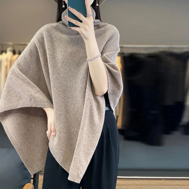 Turtleneck Cashmere Poncho Pullover Shawls 100%Wool Knitted Irregular Cloak Fashion Soft Warm Wollen Bat Sleeve Loose Pullovers