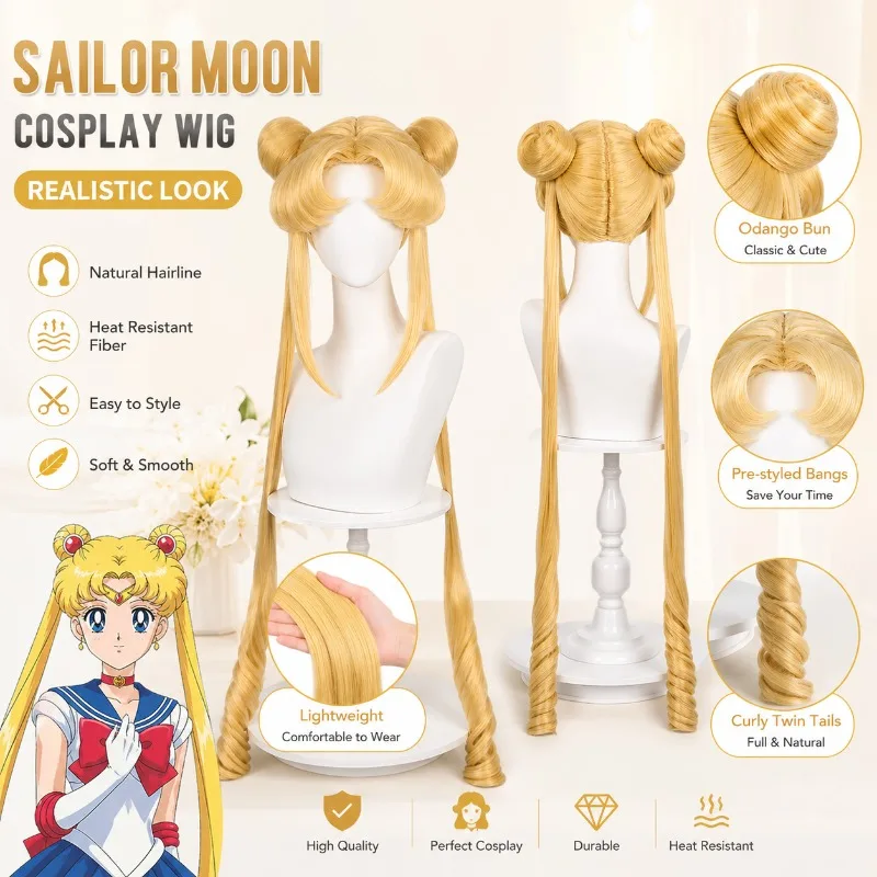 Sailor Moon Tsukino Usagi Long Curly Blonde Ponytails Wig with 2 Pongtails with Wig Cap for Halloween Costume Party