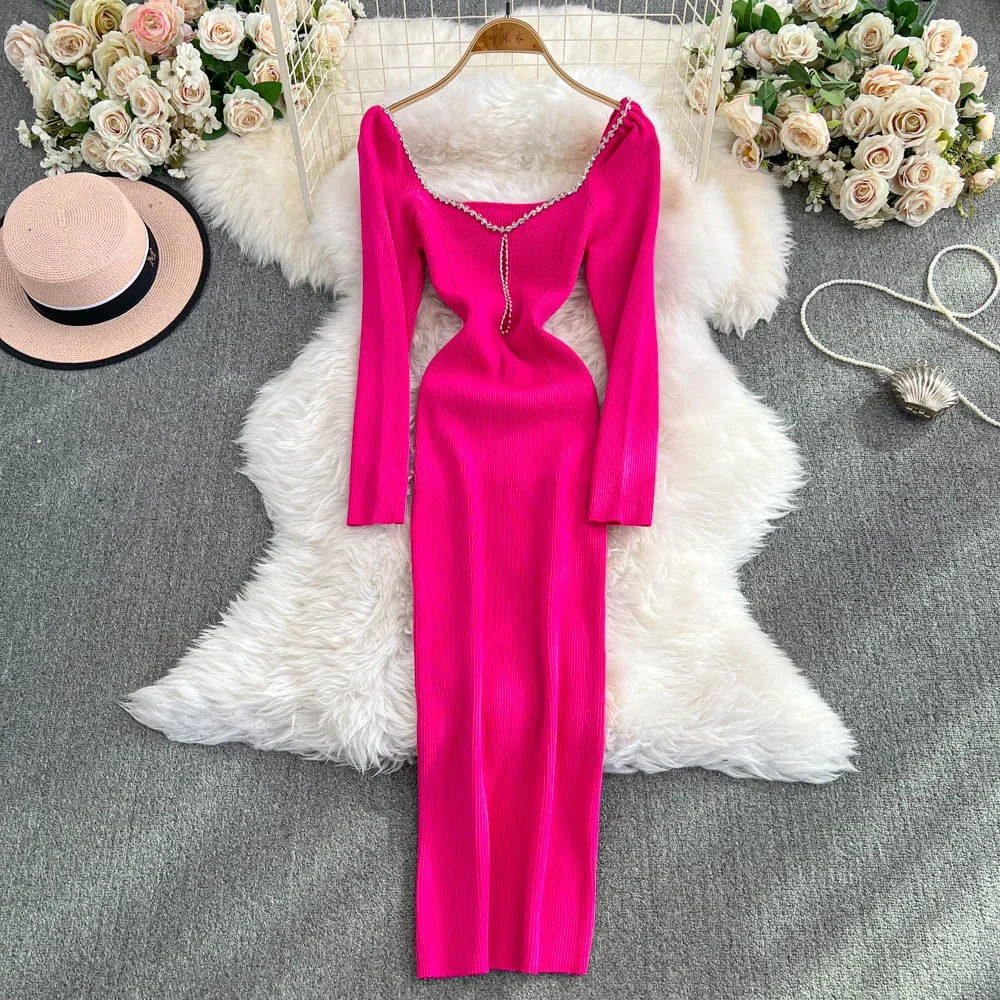 Chic Rhinestone Slim Backless Square Neck Knit Pencil Dress High Street Vintage Evening Korean Sexy Women Autumn Winter Clothing