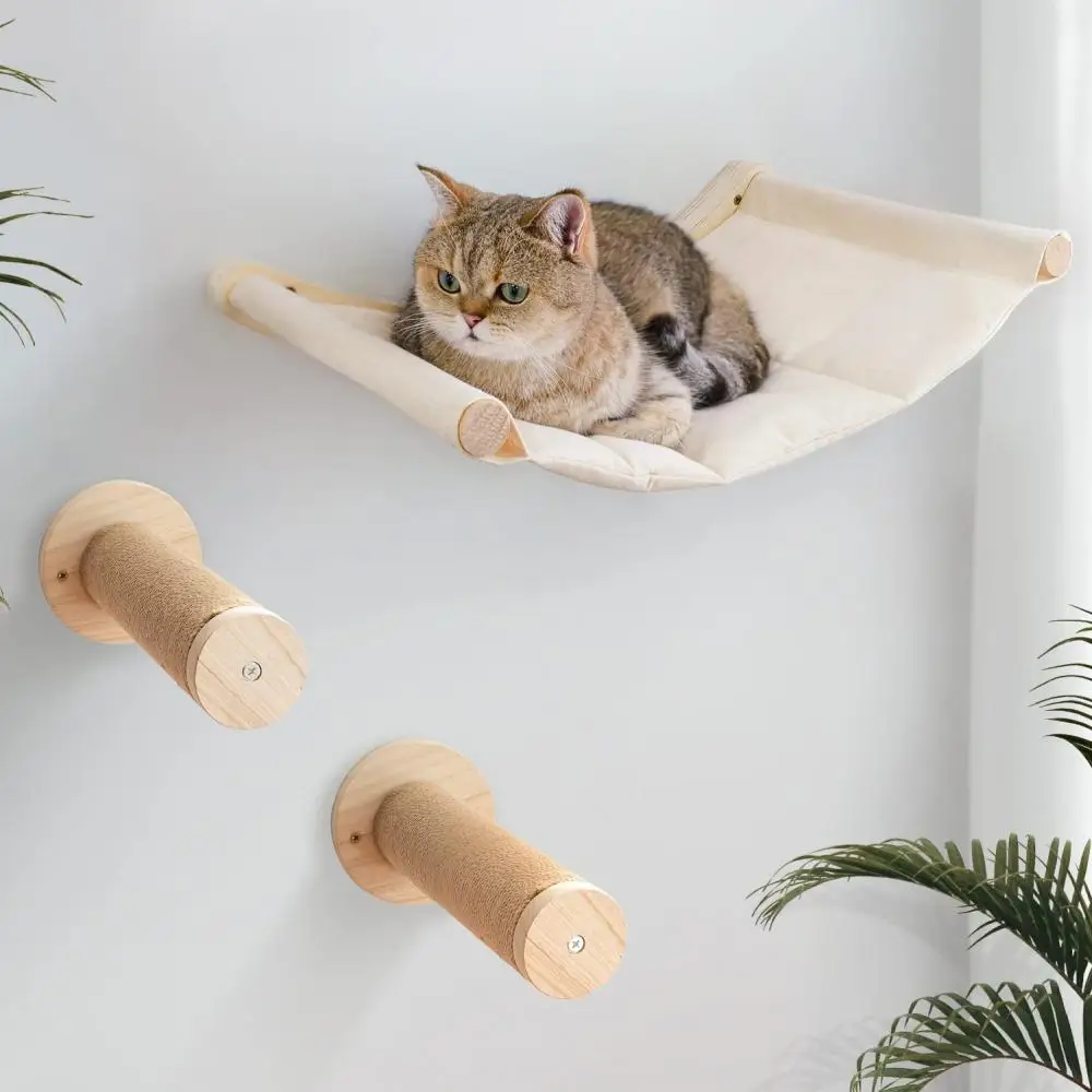 

3 Pieces Wall Mounted Cat Climbing Wooden Shelves Set Cat Hammock with Scratching Post for Kitten Perch and Sleeping Furniture