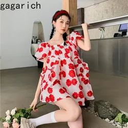 Gagarich Summer New Red Jacquard Square Neck Fluffy Dress Women Fleeing Princess Sweet Cute French Style Bubble Sleeve Dresses