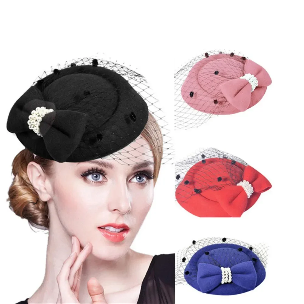 

Retro Mesh Top Hat Short Hair Feather Flower Veil Banquet Lace Bow Cap Yarn Decor Hat Hair Accessories Party Wedding Bride