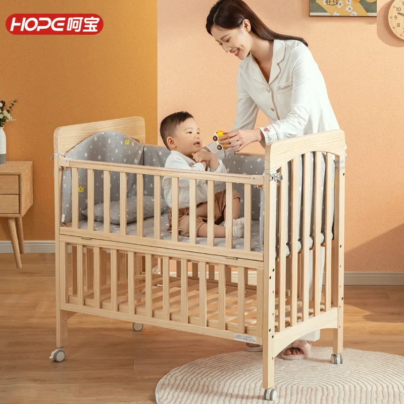 Baby crib solid wood adjustable for new bornenvironmentally friendly splicing adult bed with roller, baby playpen, play pen