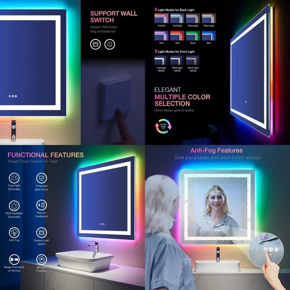 

LED Illuminated Bathroom Mirror, 36 x 36, Anti-Fog, RGB Backlit with Front Light, Dimmable, Wall Vanity Mirror with Memory Funct