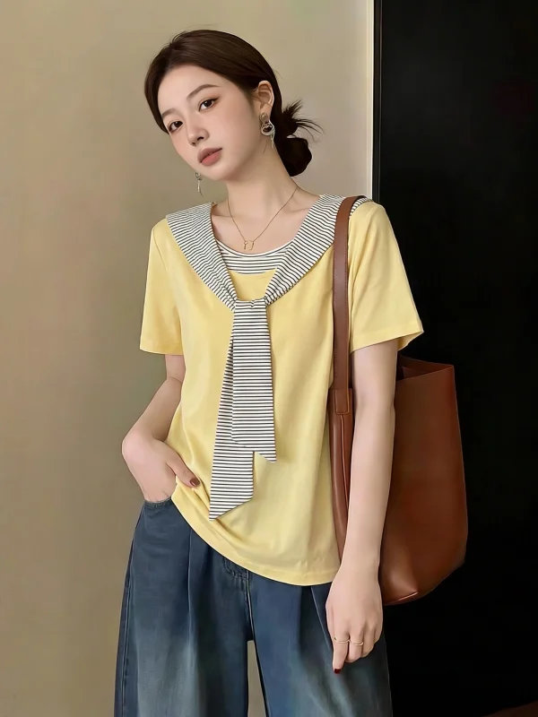 

Yellow Striped Shoulder T-Shirt Women's plus Size Summer New Loose Fit round Neck Short Sleeve Korean Style Commute Wind
