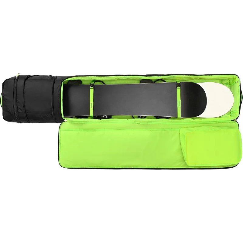 Snowboard bag with padded baffle protects two skis with pulley for easy movement