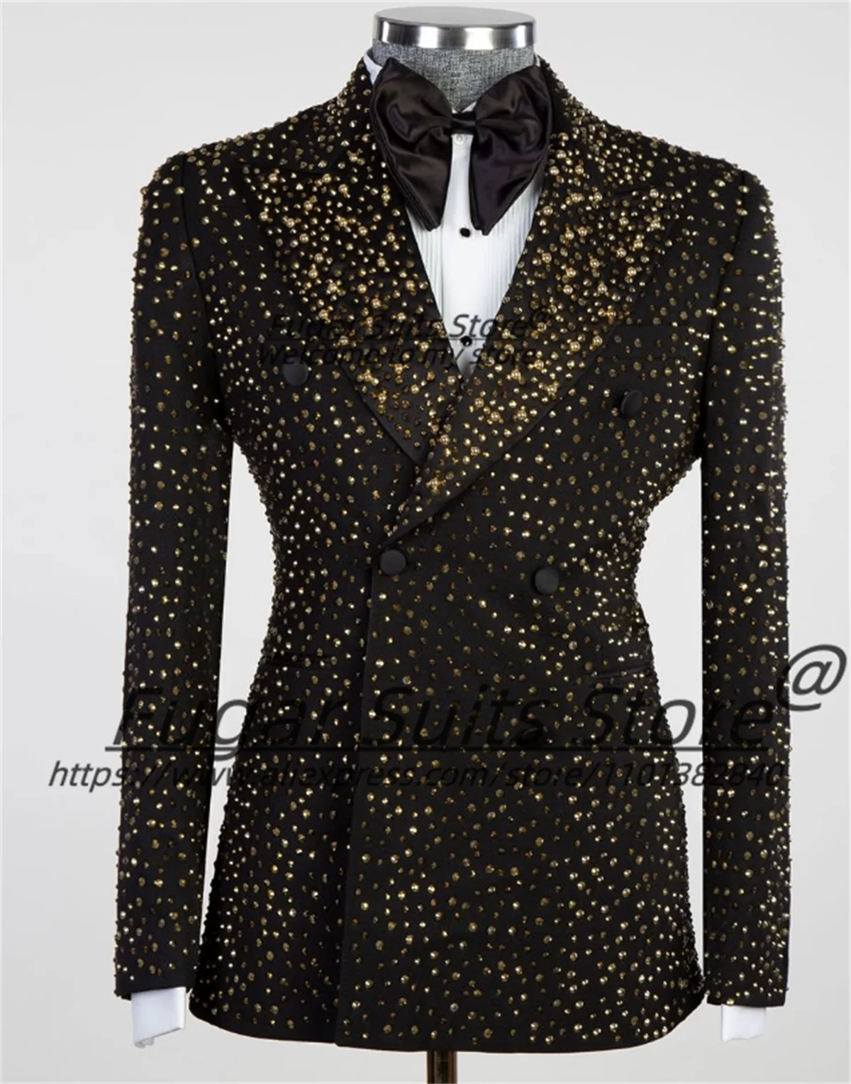 

High-end Shiny Beadwork Men Suits Customized Slim Fit Double breasted Groom Wedding Tuxedos 2Pieces Sets Male prom Party Blazers