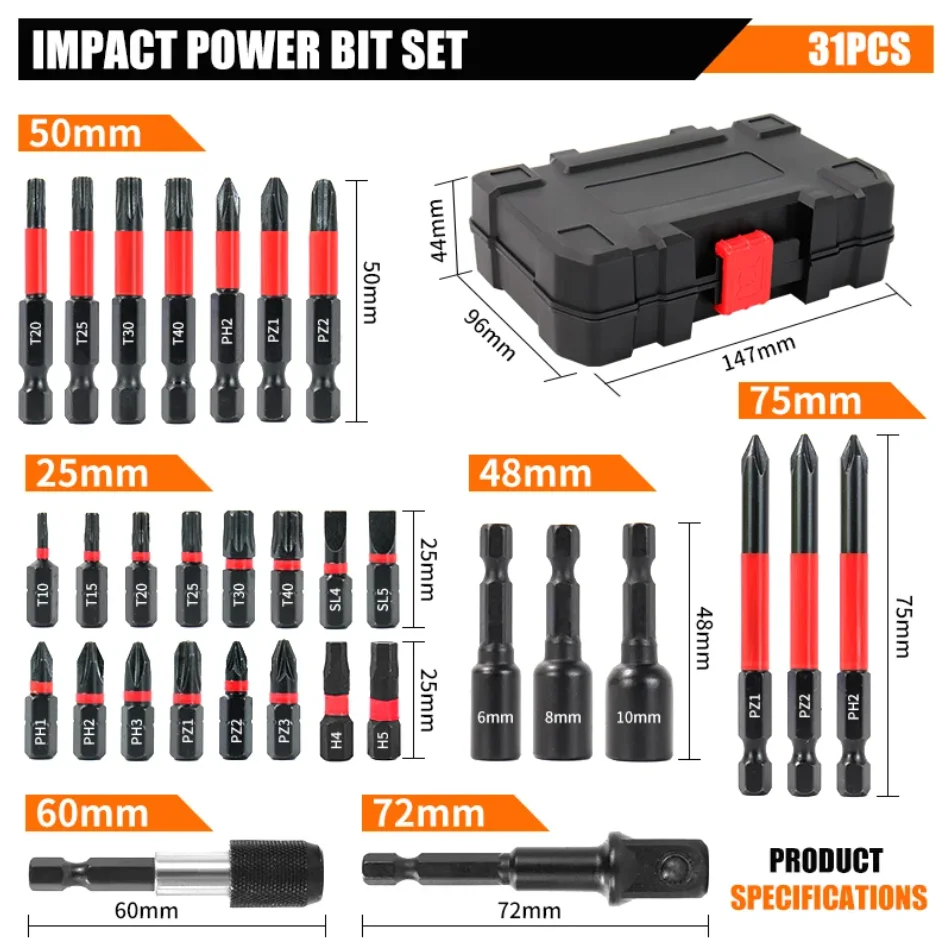 31pcs Electric Screwdriver Bit Set Durable Alloy Oil-rubbed Finish Waterproof Includes Phillips Hexagon Torx Sockets With Case