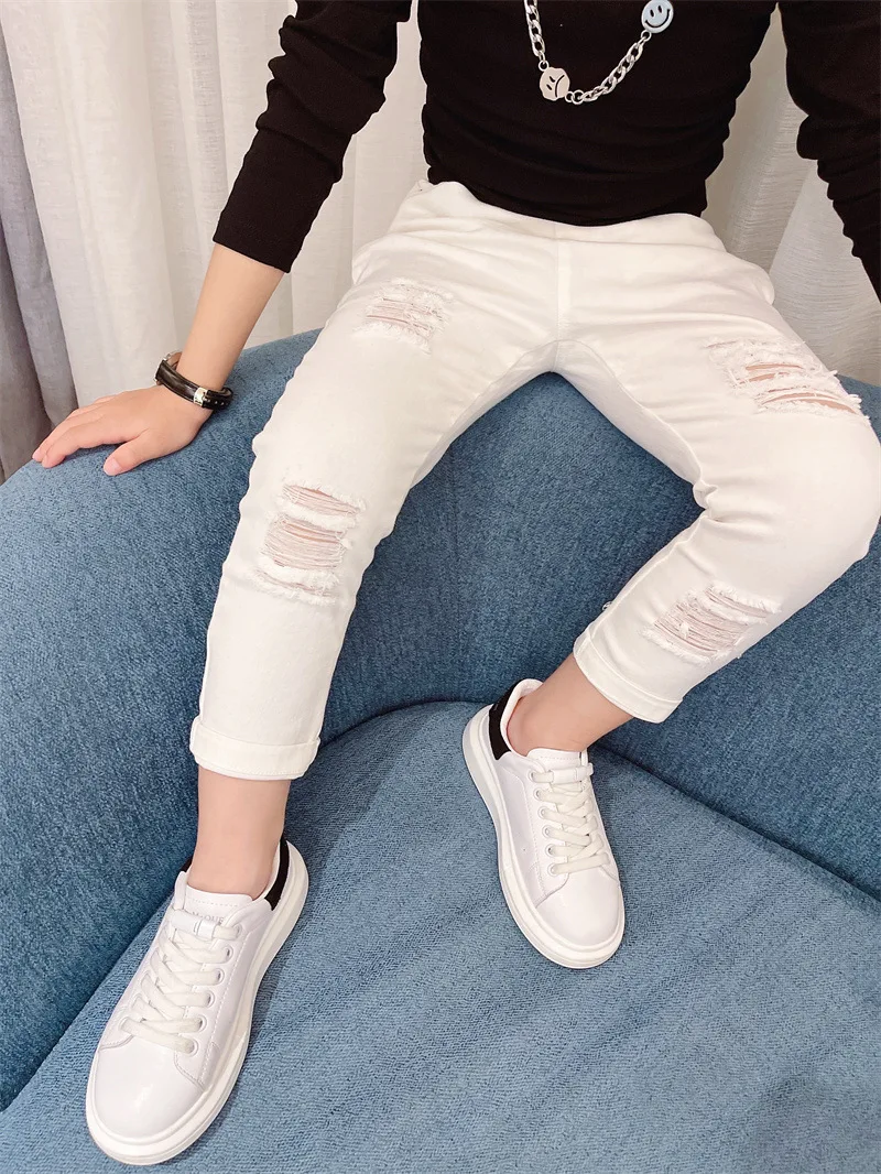 Black White Jeans Men Ripped Straight Trend Ripped Broken Stretch Distressed Casual Denim Trousers Jeans for Boys Hip Hop Pants