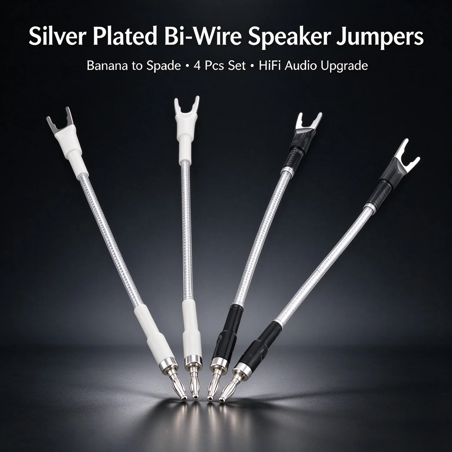 4Pcs Silver Plated Bi-Wire Jumpers Speaker Jumper Cables Banana to Spade for Speaker Terminal Bridge HIFI Wire