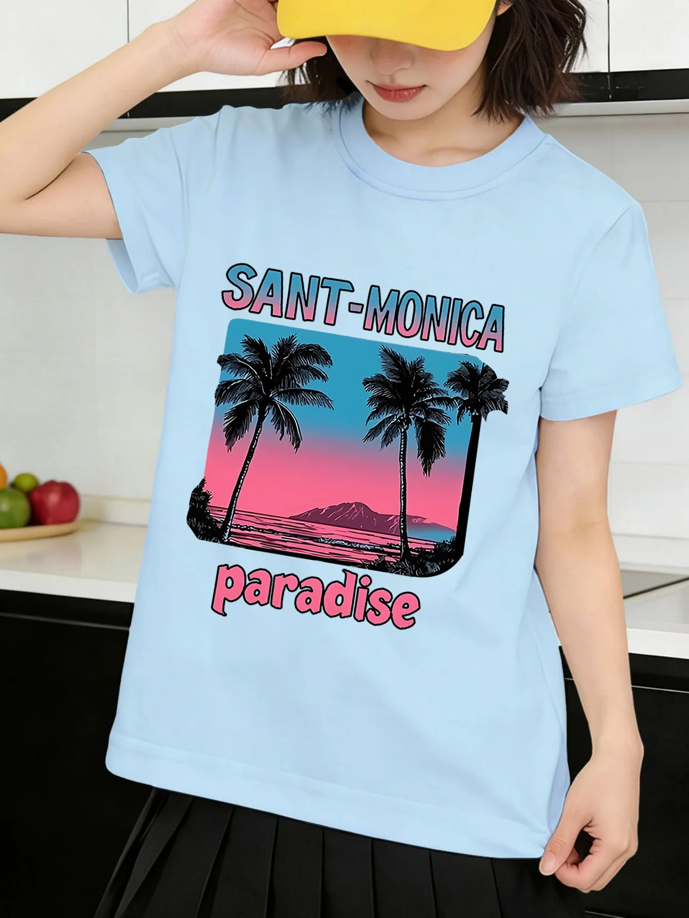 Cute Sant Monica Paradise Beach Print Graphic Kids Tee Boys Girls Family Matching Cotton Crew Neck Short Sleeve Soft Summer Tee