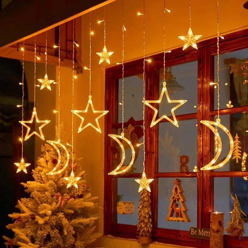 LED Star and Moon Curtain Lights,Outdoor Camping Ambience Lights Birthday Decoration,Starry Lights String, Christmas Decoration