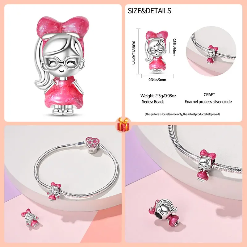 925 Sterling Silver Pink Ponytail Girl Travel & Hobbies Collection Adolescent Girl Style Charm Beads Original Bracelet DIY Gift