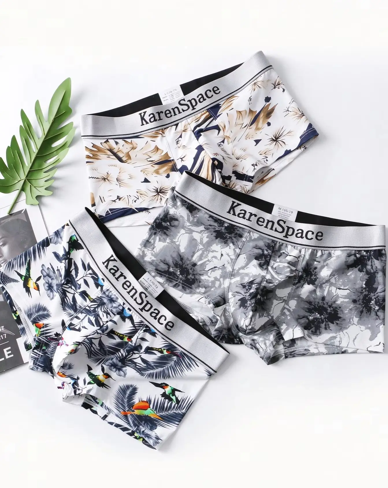 Men's Large Size Slim Fit Ice Silk Boxer Shorts 2pc Set Print Breathable Anti-Wrinkle Trendy Student Four Corner Underwear