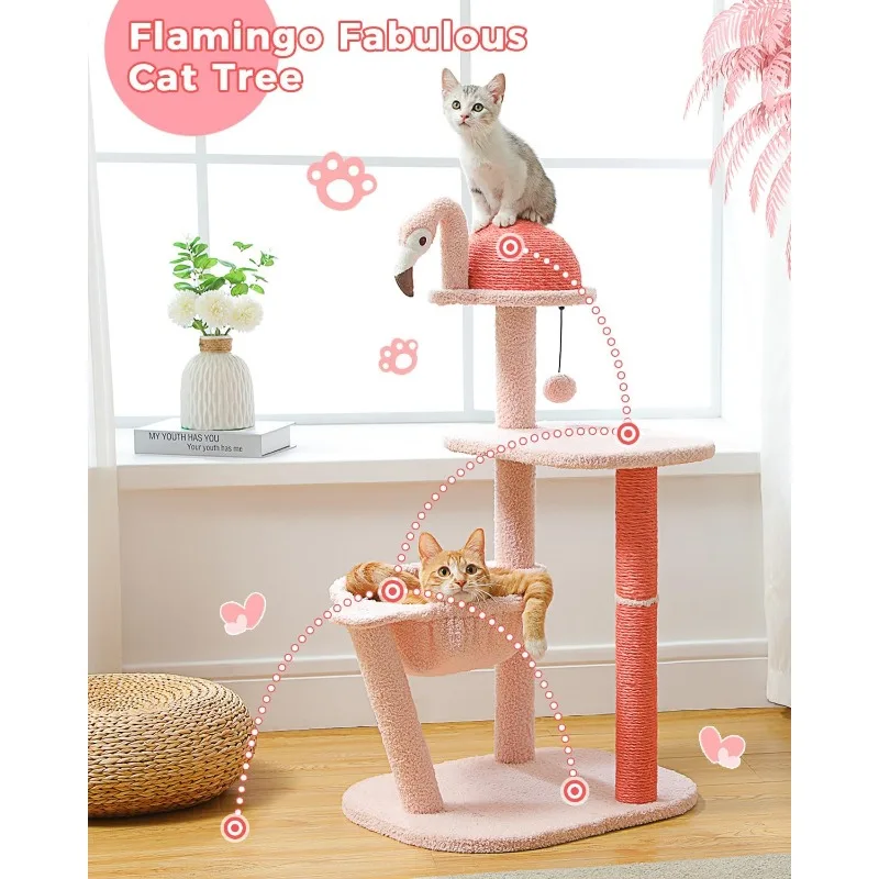 34 Inches Flamingo Cat Tree with Hammock for Indoor Small Cats,Cute Cat Tower with Scratching Post for Kittens,Cat Scratcher