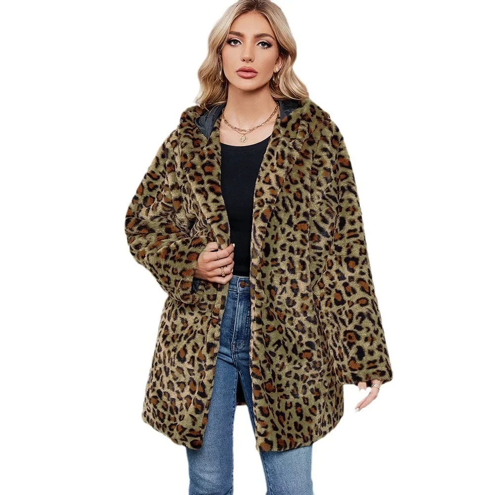 Abrigo de piel sintética con estampado de leopardo para mujer, cárdigan suelto con capucha, Otoño e Invierno