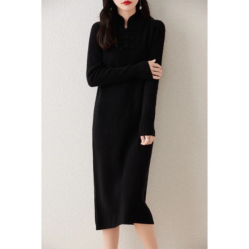 

Pan Button Wool Dress for Women, Long Knee Length, Cheongsam Sweater, Loose and Slim Knit Bottom Skirt, Autumn and Winter